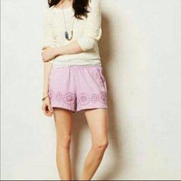 Anthropologie Mermaid Floral Embroidered Pull On Linen Blend Shorts, Small - Picture 1 of 7